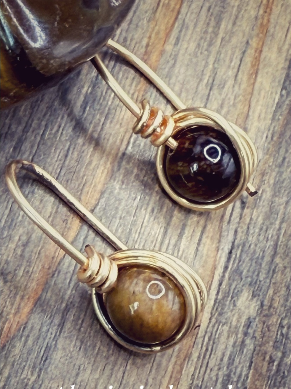 Alquimia Gold Wire Wrapped Tiger Eye Drop Earrings - Brown and Golden Tones